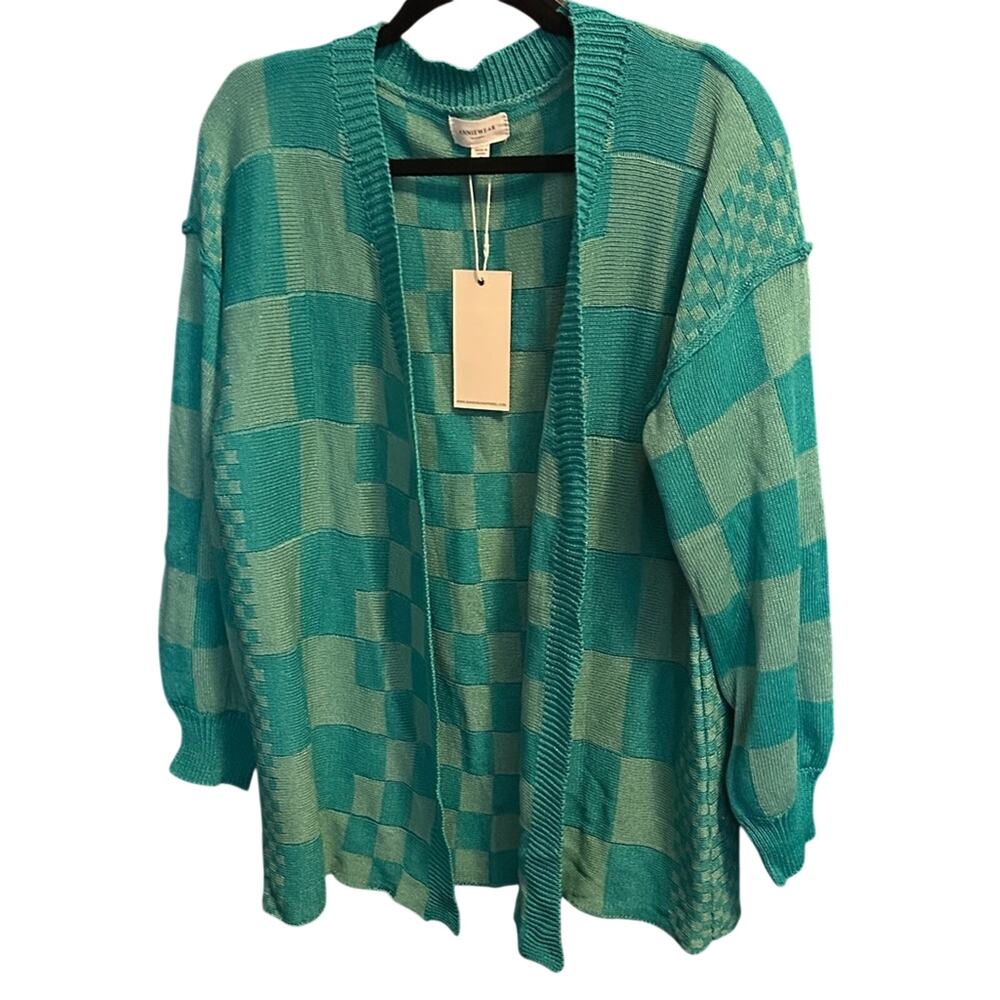 Annie Teal Checkered Women's Cardigan Sm